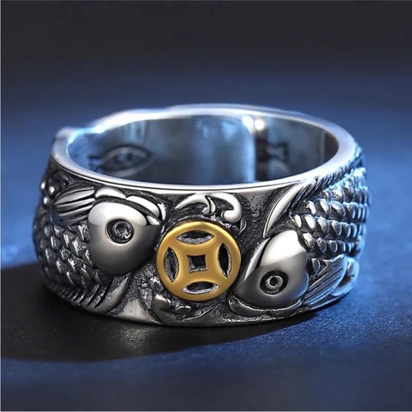 Fashion punk rings for men animal carp copper coins Retro Adjustable - Picture 2 of 8
